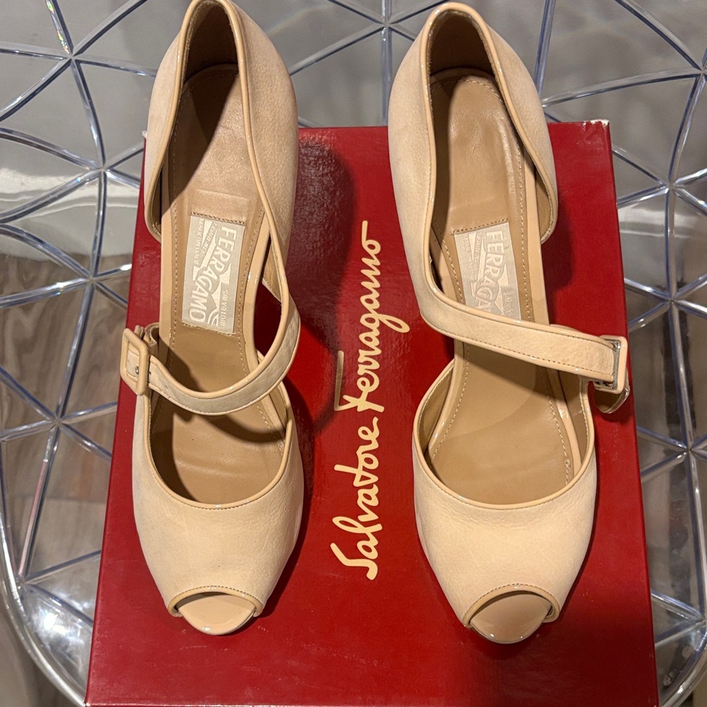Salvatore Ferragamo Beige Peep-Toe Mary Jane Heels